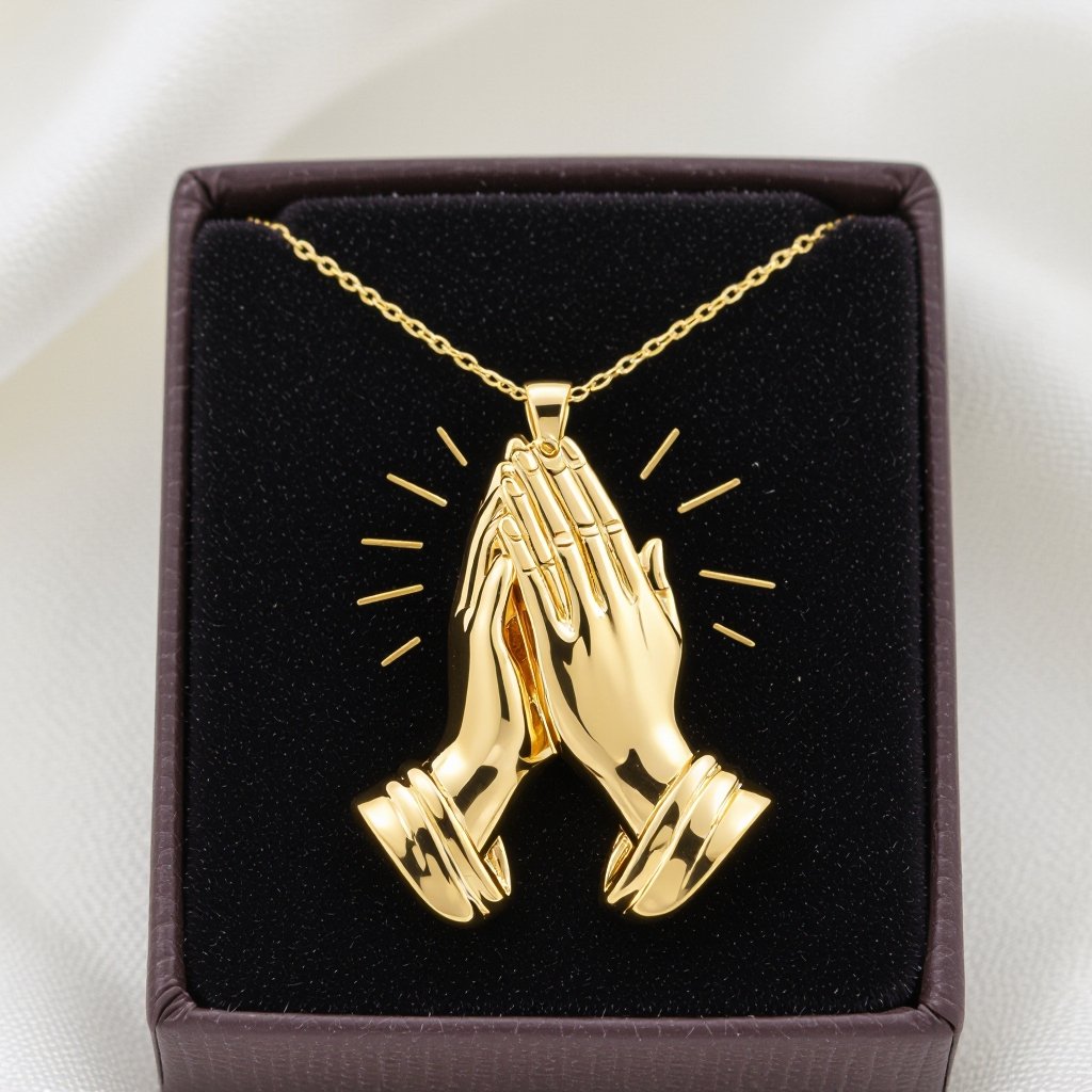 Украшение на шею золотая цепочка с подвеской в виде двух ладоней сложенных в молитве и от них исходит свет в стороны
