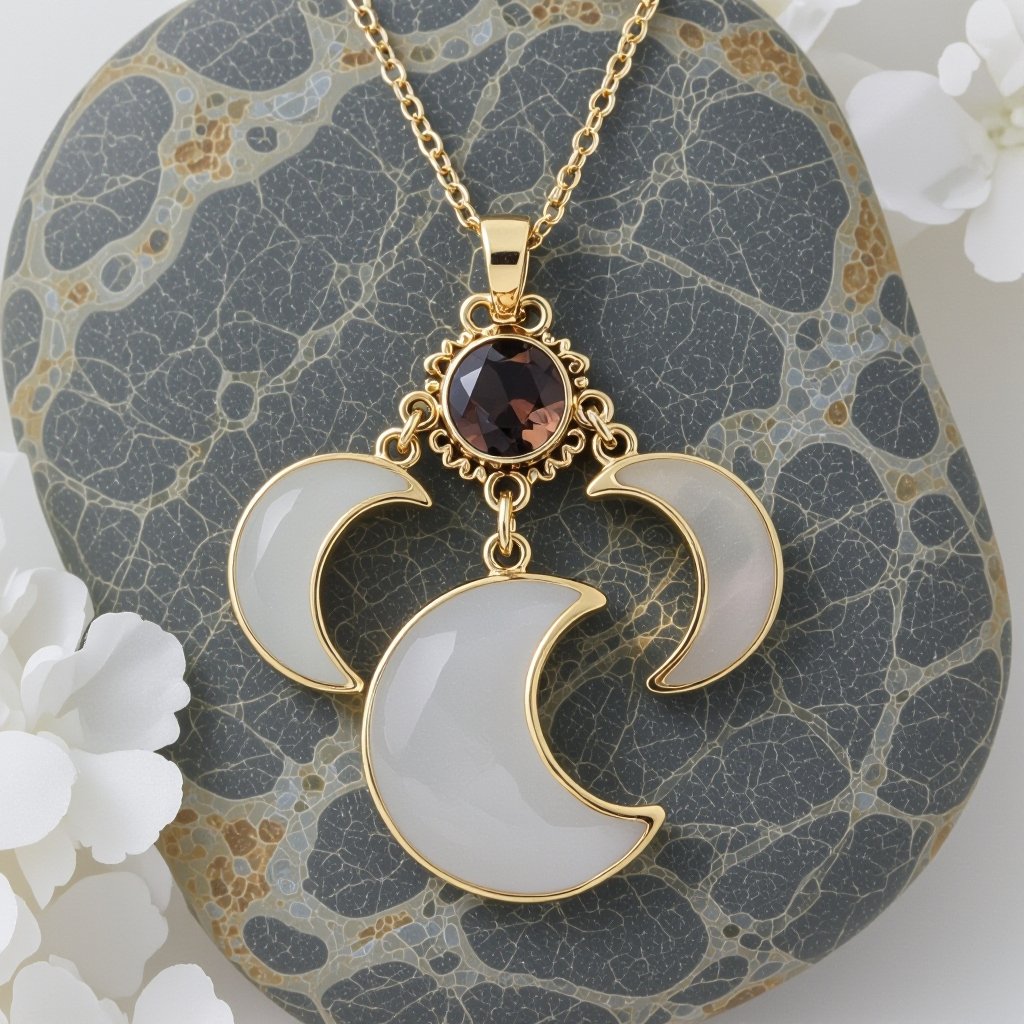  Подвеска из трех полумесяцев с узорами и камнями раухтопаза из матового неровного светлого золота с узорами соединенных цепочкой сверху самый широкий полукруг дальше средний и снизу самый маленький