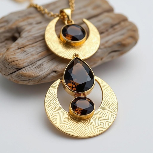 Подвеска из трех полумесяцев с узорами и камнями раухтопаза из матового неровного светлого золота с узорами соединенных цепочкой сверху самый широкий полукруг дальше средний и снизу самый маленький