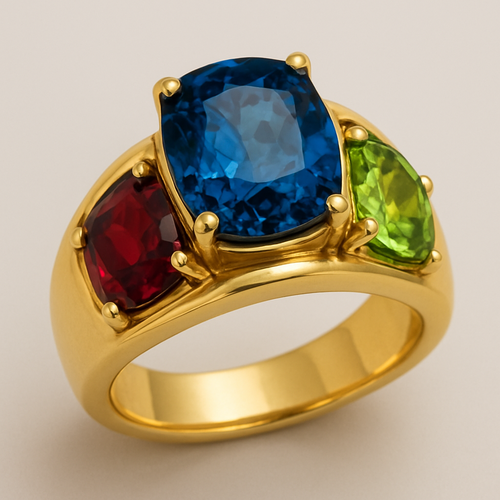 Gold men’s ring with London blue sapphire, garnet, and peridot 