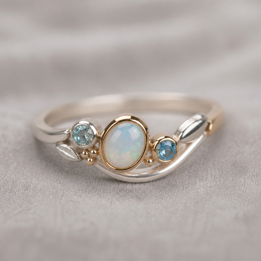 A minimalist women's ring made of mixed metal with opal and topaz and aquamarine stones suitable for festival. A modern women ring with little ornaments of modern motifs.
photorealistic jewelry design, A minimalist women's ring made of mixed metal with opal and topaz and aquamarine stones suitable for festival. A modern women ring with little ornaments of modern motifs., minimalist style, just the design no text