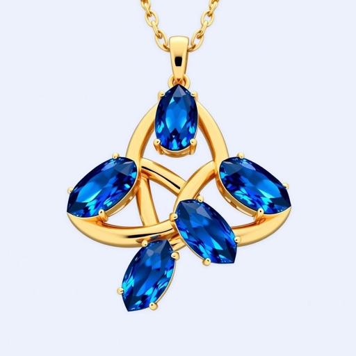 a Celtic trinity knot shaped 50 carat Navette-cut blue sapphire gemstones, FL IF clarity gold chain necklace