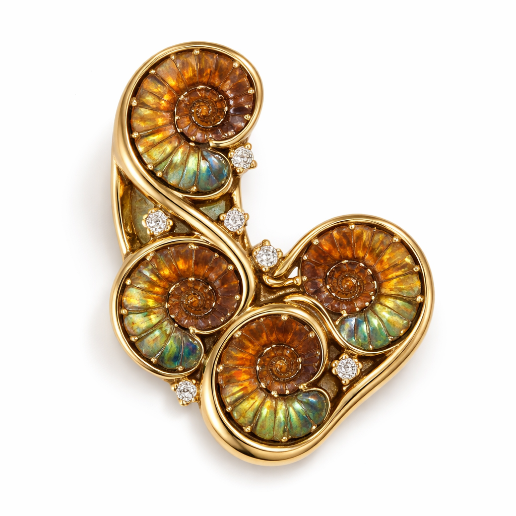 **4. The Asymmetrical "Mosaic" Cluster** This is a more modern, organic approach, similar to the fluid lines in the photo you shared. - **Arrangement**: Instead of a perfect square or line, cluster the stones randomly but tightly—perhaps three grouped together at the bottom and one slightly higher up. - **Setting**: Use a "free-form" metal surrounding (like the gold curves in your example photo) that wraps around the group of stones. - **Accents**: You could tuck small diamonds (like in your photo) into the gaps between the ammonites to fill the spaces.