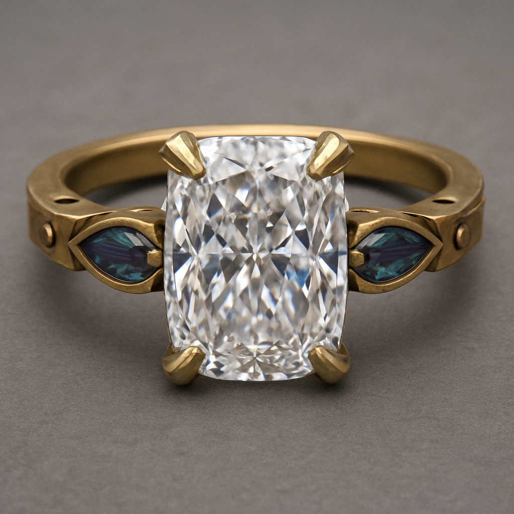 2 carat elongated cushion cut diamond engagement ring with double claw prongs in yellow gold ring with marquise shaped alexandrite side stones