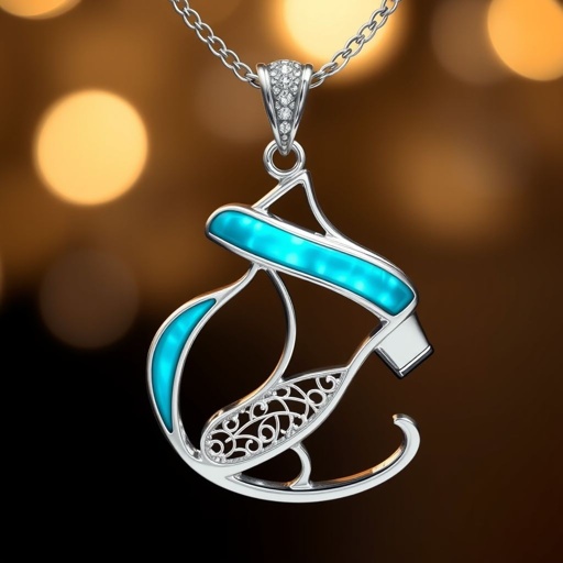 Silver pendant in the shape of ice skating blades with a turquoise stripe within the blade