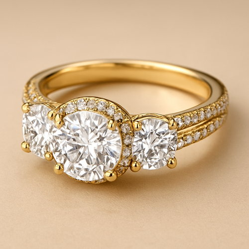 Elegant 4 carat tw 3 stone ring with  hidden halo and pave split band