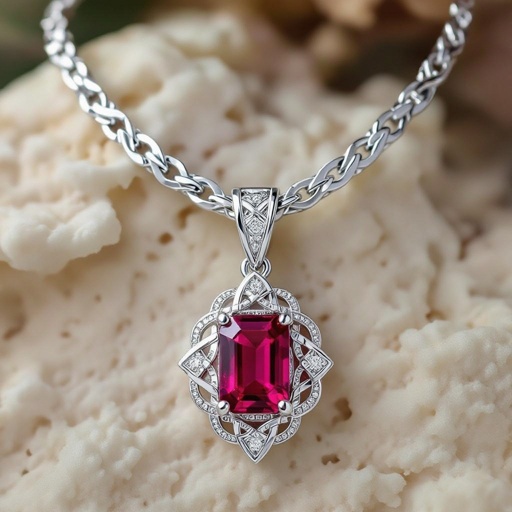  A celtic 50 carat necklace with VVS red emerald -cut  ruby gemstone and 18k silver chain
