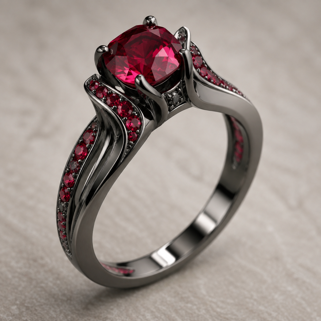 A women's ring made of titanium with ruby stones suitable for engagement
photorealistic jewelry design, A women's ring made of titanium with ruby stones suitable for engagement, modern style, just the design no text