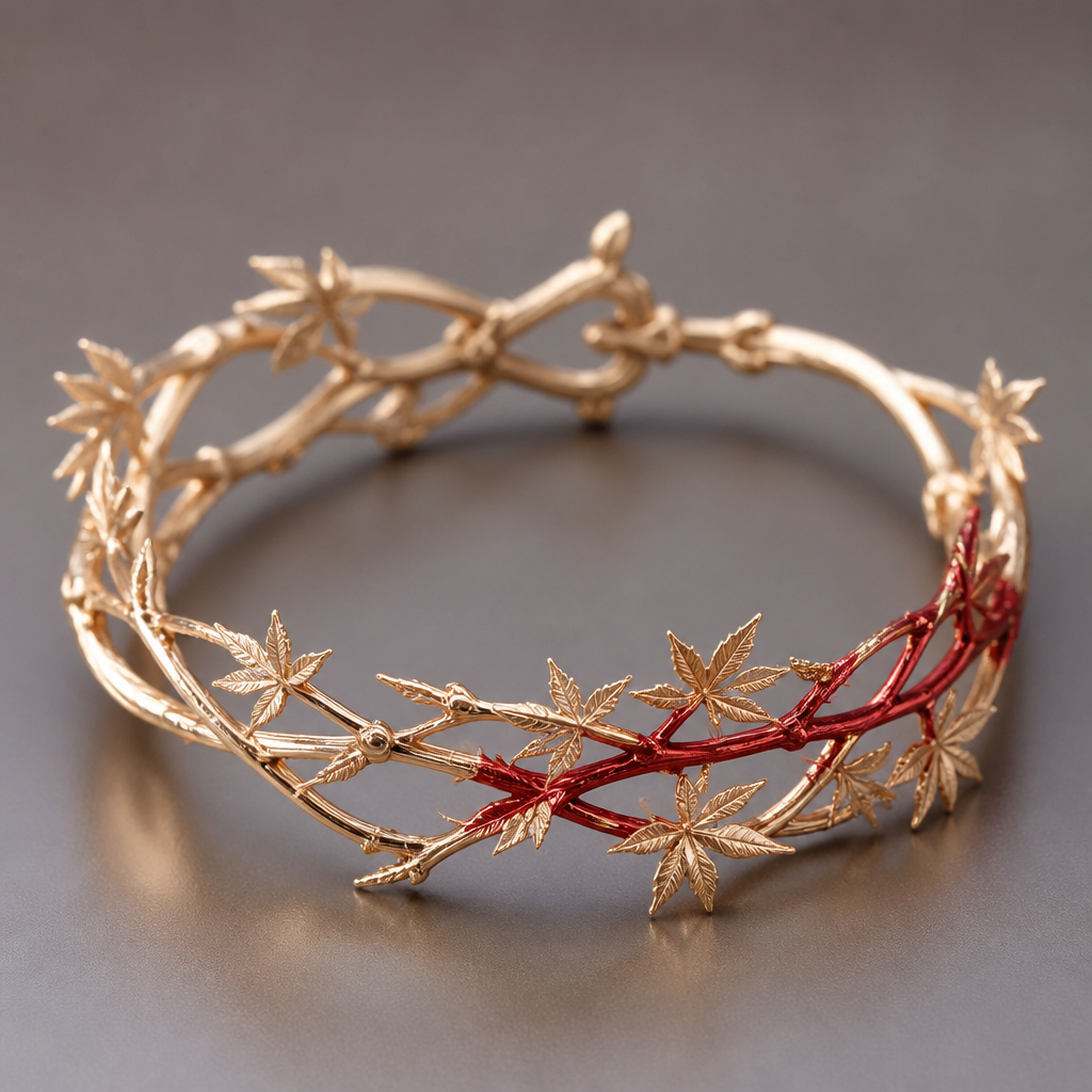 A bracelet , that is inspired by the Japanese maple, the intertwining needs to be delicate and comfortable. One of the branches of the tree need to be red as the tree leaves, all around the wrist.
photorealistic jewelry design, A bracelet , that is inspired by the Japanese maple, the intertwining needs to be delicate and comfortable. One of the branches of the tree need to be red as the tree leaves, all around the wrist. , art_nouveau style, just the design no text