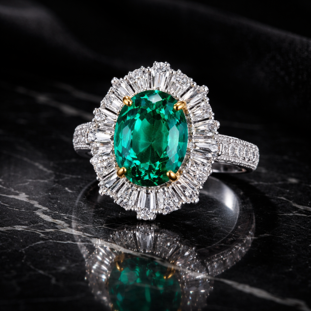 Luxury jewelry product advertisement. Keep the original jewelry exactly unchanged. Do not modify shape, stones, size, or design. Only enhance lighting, reflections, and background. Add professional studio lighting with soft shadows. Place the jewelry on black marble or dark velvet background. Ultra realistic, high-end commercial photography, sharp focus on product, 8K quality, no distortion, no redesign.