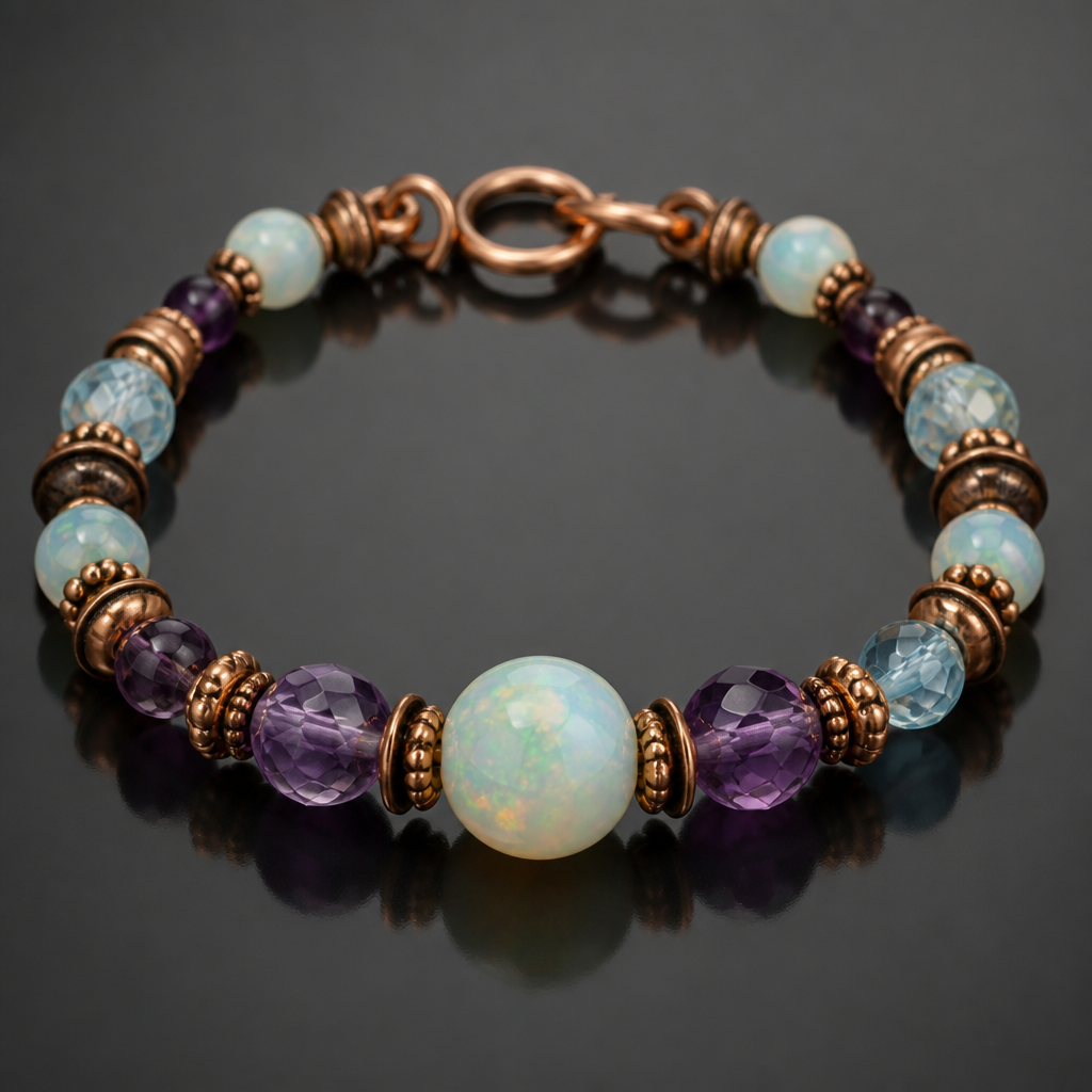 A women's bracelet made of copper with opal and amethyst and aquamarine stones. браслет из бусин
photorealistic jewelry design, A women's bracelet made of copper with opal and amethyst and aquamarine stones. браслет из бусин, modern style, just the design no text