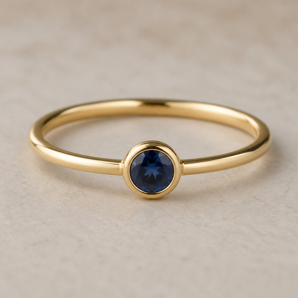 Minimalist gold band ring with a single bezel-set sapphire
photorealistic jewelry design, Minimalist gold band ring with a single bezel-set sapphire, just the design no text