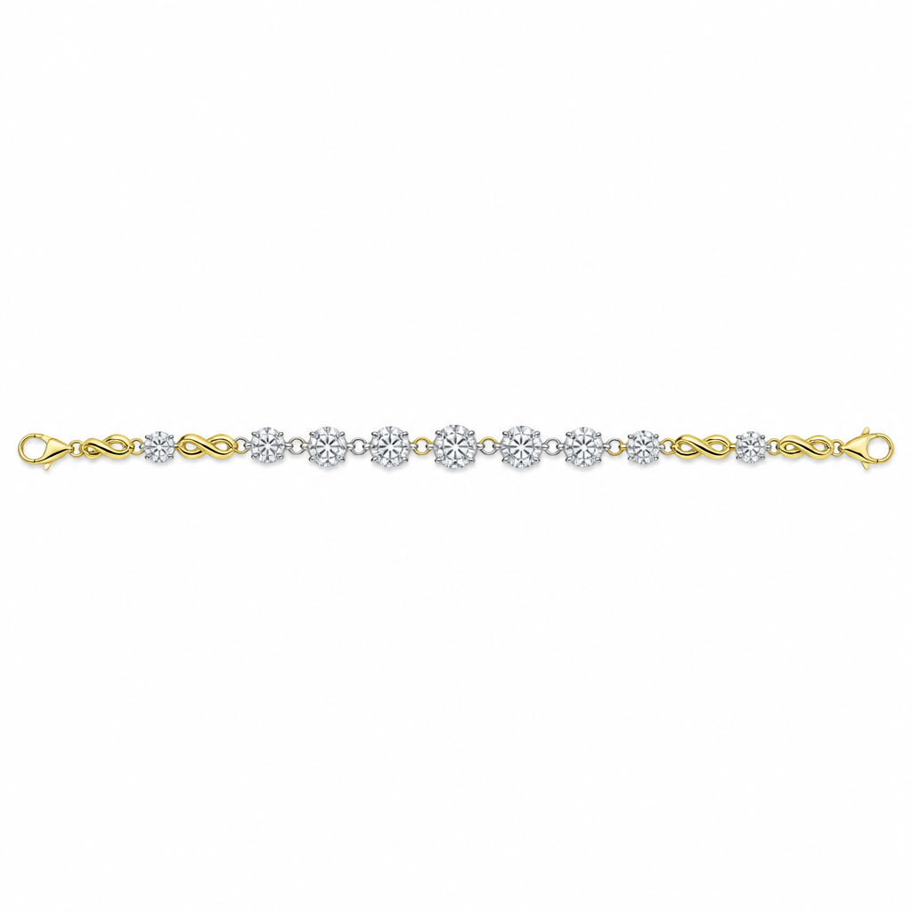create a diamond bracelet with exactly12 diamonds arranged into 7 stations of diamonds where each station is separated by yellow gold twist connectors. diamonds set in white gold prongs separated by jump rings within each station. Arrange diamonds and twist connectors (all linked with jump rings) in the following order:
Clasp
Twist
2.6mm
Twist
3.4mm
3.7mm
Twist
3.95mm
4.25mm
4.45mm
Twist
4.4mm
4.24mm
3.95mm
Twist
3.8mm
3.35mm
Twist
2.55mm
Twist
Clasp
photorealistic jewelry design, create a diamond bracelet with exactly12 diamonds arranged into 7 stations of diamonds where each station is separated by yellow gold twist connectors. diamonds set in white gold prongs separated by jump rings within each station. Arrange diamonds and twist connectors (all linked with jump rings) in the following order:
Clasp
Twist
2.6mm
Twist
3.4mm
3.7mm
Twist
3.95mm
4.25mm
4.45mm
Twist
4.4mm
4.24mm
3.95mm
Twist
3.8mm
3.35mm
Twist
2.55mm
Twist
Clasp, just the design no text
