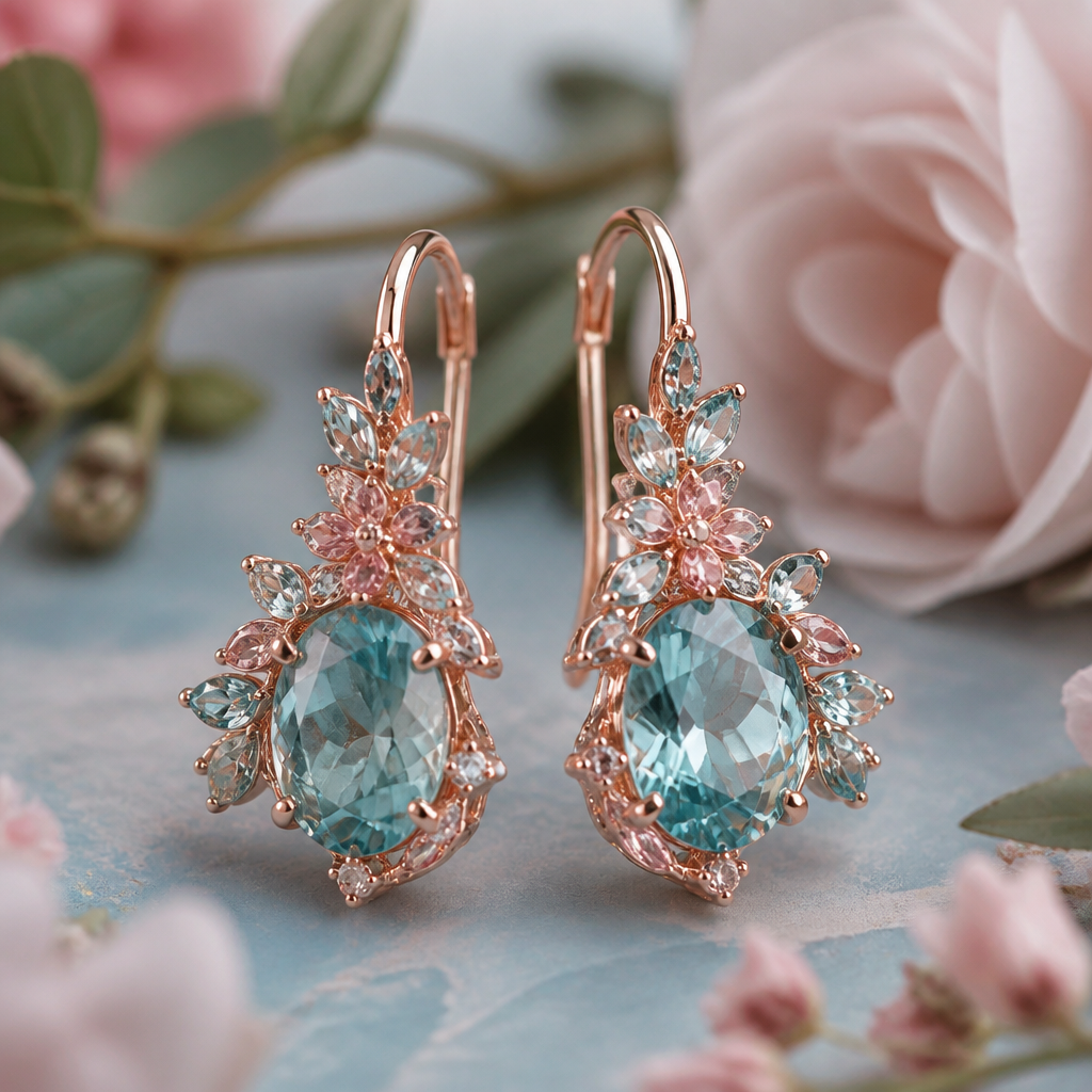 A romantic women's earrings made of rose gold with aquamarine stones suitable for anniversary. mimics the soft textures and colors of the painting, using greens, blues, and hints of pink style, ultra realistic.
photorealistic jewelry design, A romantic women's earrings made of rose gold with aquamarine stones suitable for anniversary. mimics the soft textures and colors of the painting, using greens, blues, and hints of pink style, ultra realistic., romantic style, just the design no text