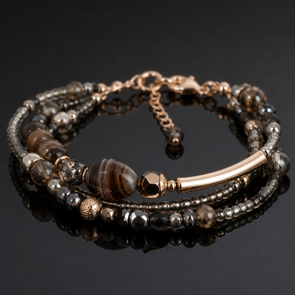 A modern women's bracelet made of mixed metal suitable for party. طقم من العقيق البني ، الهيماتايت ، الكوارتز الدخاني ناعم
photorealistic jewelry design, A modern women's bracelet made of mixed metal suitable for party. طقم من العقيق البني ، الهيماتايت ، الكوارتز الدخاني ناعم, modern style, just the design no text