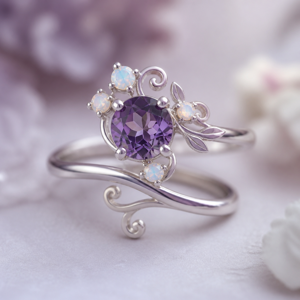 A romantic women's ring made of silver with amethyst stones suitable for engagement. a delicate silver ring whimsical and fairy like with one large amethyst surround by small opals. wraps the finger twice
photorealistic jewelry design, A romantic women's ring made of silver with amethyst stones suitable for engagement. a delicate silver ring whimsical and fairy like with one large amethyst surround by small opals. wraps the finger twice, romantic style, just the design no text