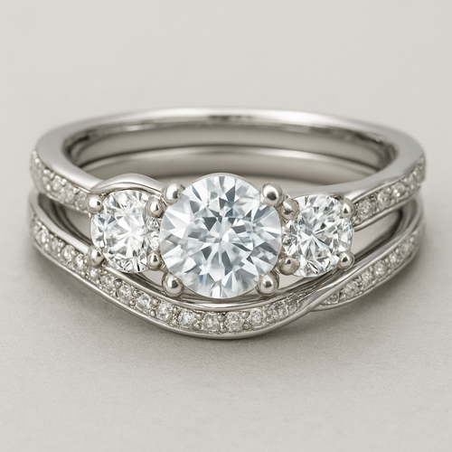 3 stone round 4 carat twisted pave band with wedding band