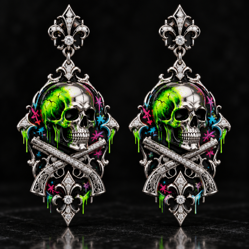 A gothic women's earrings made of platinum suitable for formal. a skull with neon graffiti around the skull and pistols crossing "the family " written in old english
using the attached image as a visual reference, create A gothic women's earrings made of platinum suitable for formal. a skull with neon graffiti around the skull and pistols crossing "the family " written in old english. photorealistic, just the design no text