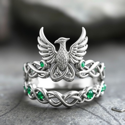 A platinum segnit ring with a Celtic phoenix and trinity knot symbol on it 