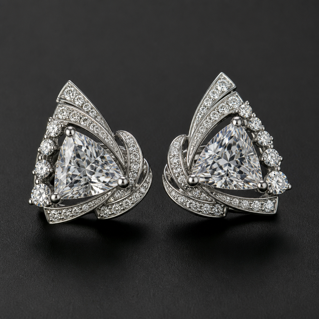 2ct Trillion cut diamonds in each earring adorned with various melee diamonds
photorealistic jewelry design, 2ct Trillion cut diamonds in each earring adorned with various melee diamonds, modern style, just the design no text
