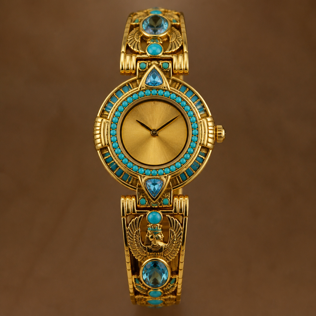 A egyptian women's watch made of gold with topaz and turquoise stones, detailed and decorative, moderately ornate
photorealistic jewelry design, A egyptian women's watch made of gold with topaz and turquoise stones, detailed and decorative, moderately ornate, egyptian style, just the design no text