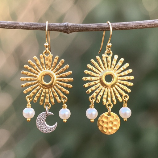 Золотые серьги словно мятое золото в форме горящего солнца с волнистыми лучами, в центре солнца круглая дыра. крепится к застежке серьги. К нижней части солнца крепятся подвески: миниатюрная серебристая луна, очень маленький жемчуг и маленький золотой кружочек с мятым эффектом плоский