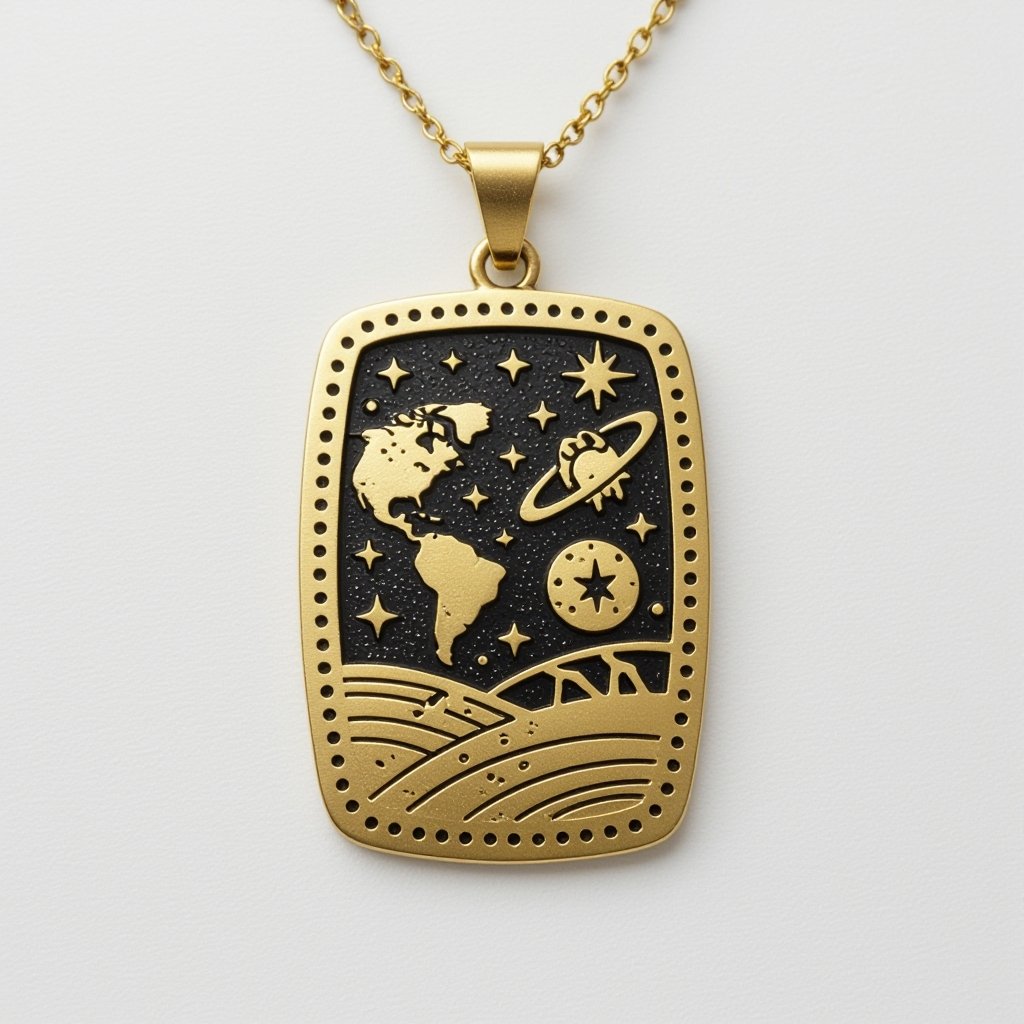 Золотой матовый медальон в форме неровного прямоугольника с округлыми краями. По краям выпуклые точки сплошной линией. На прямоугольнике разные мелкие узоры вырезаны. Символически изображена земля и звезды