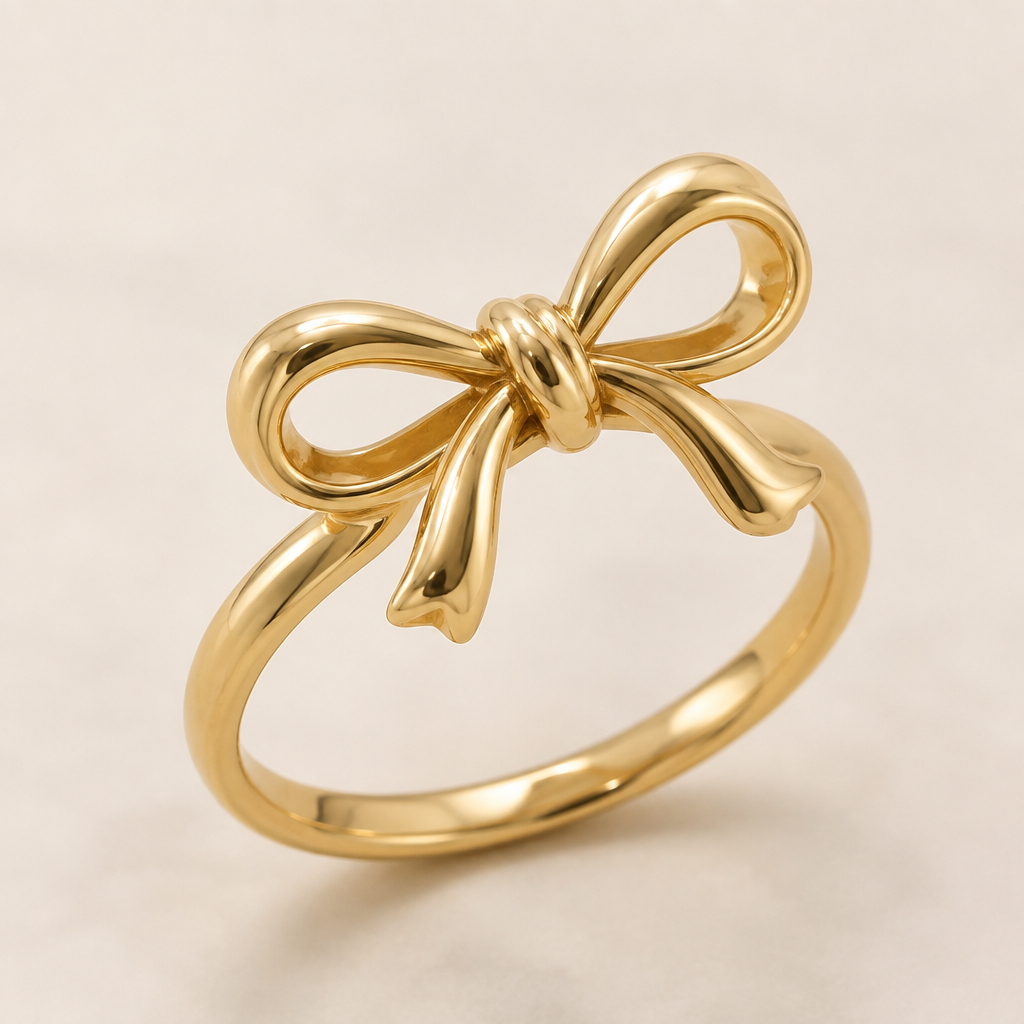 A minimalist women's ring made of gold suitable for gift, highly ornate, intricate and elaborate, richly detailed. ring with the aesthetic ribbon design and the ribbon is tilting to right a little bit.
the ring goes around the ribbon not under the ribbon.
the ribbon is tied like a single knot.
the ribbon has two same size loops.
the ribbon is rounded design not flat.
both of the ribbon tails is a little bit bendy one to the right and the other to the left.
photorealistic jewelry design, A minimalist women's ring made of gold suitable for gift, highly ornate, intricate and elaborate, richly detailed. ring with the aesthetic ribbon design and the ribbon is tilting to right a little bit.
the ring goes around the ribbon not under the ribbon.
the ribbon is tied like a single knot.
the ribbon has two same size loops.
the ribbon is rounded design not flat.
both of the ribbon tails is a little bit bendy one to the right and the other to the left., minimalist style, just the design no text