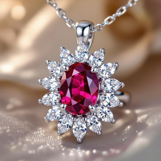 7x5mm oval pigeon blood ruby with 8 marquis cut diamonds each .08ct set in white gold pendant 