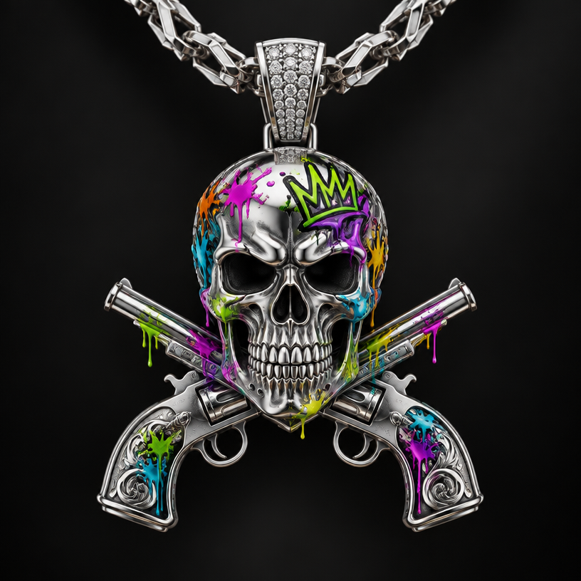 A medieval men's necklace made of platinum suitable for formal. a skull with neon graffiti around the skull and pistols crossing
using the attached image as a visual reference, create A medieval men's necklace made of platinum suitable for formal. a skull with neon graffiti around the skull and pistols crossing. photorealistic, just the design no text