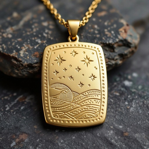 Золотой матовый медальон в форме неровного прямоугольника с округлыми краями. По краям выпуклые точки сплошной линией. На прямоугольнике разные мелкие узоры вырезаны. Символически изображена земля и звезды