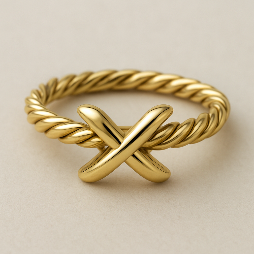 Create a ring that is inspired by iconic Tiffany a ring with an X on it. In addition, I like to have a rope like elements on it as in David Yurman.