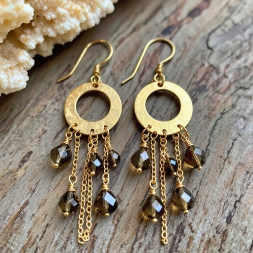 Золотые серьги полумесяц вертикальный 2 см, сверху крепится к швензе. От полумесяца идет три цепочки золотого цвета, у каждой на конце камушек раухтопаз