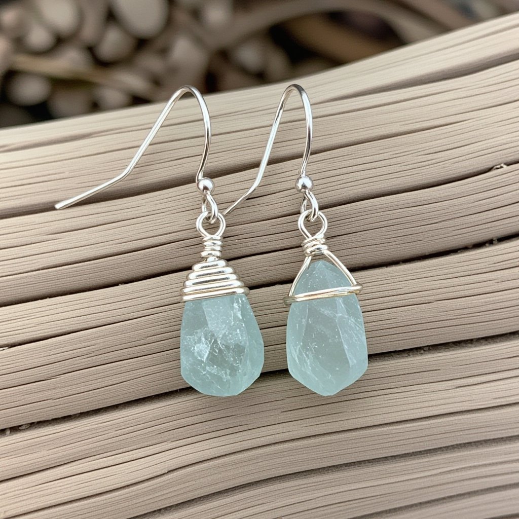 Серьги в виде небольшого кристалла необработанного бледного аквамарина в виде длинного кристалла