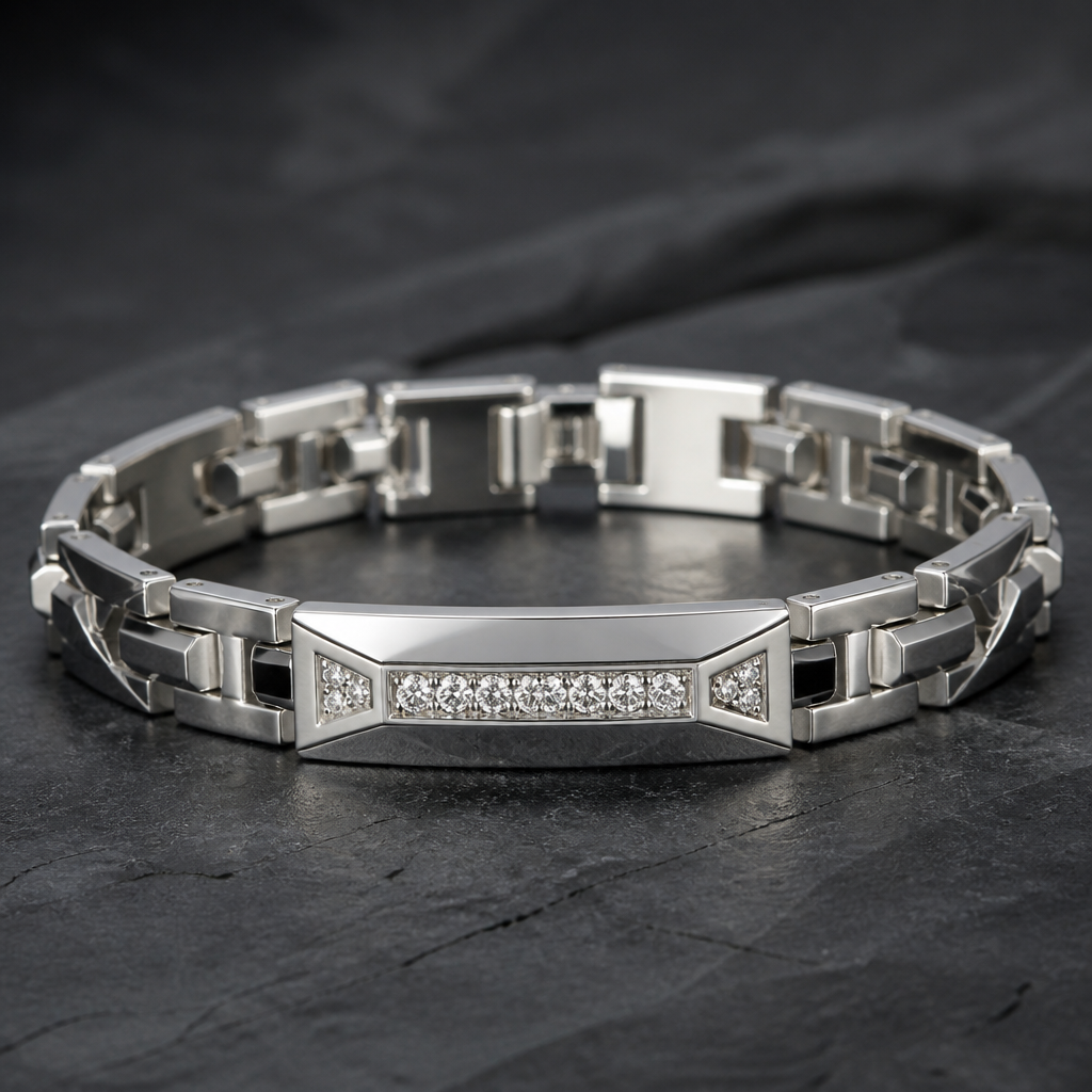 A geometric men's bracelet made of silver with diamond stones
photorealistic jewelry design, A geometric men's bracelet made of silver with diamond stones, geometric style, just the design no text