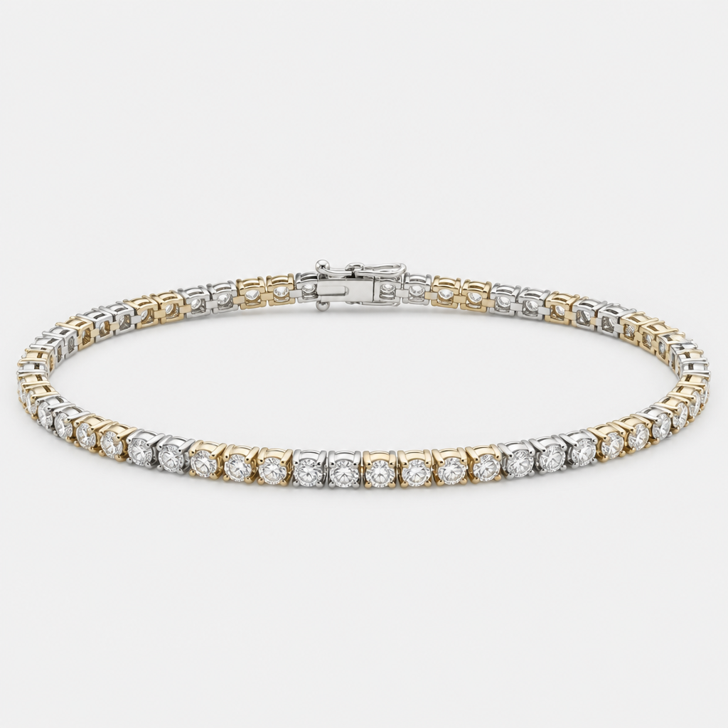 A tennis women's bracelet made of mixed metal with diamond stones suitable for daily wear
photorealistic jewelry design, A tennis women's bracelet made of mixed metal with diamond stones suitable for daily wear, tennis style, just the design no text