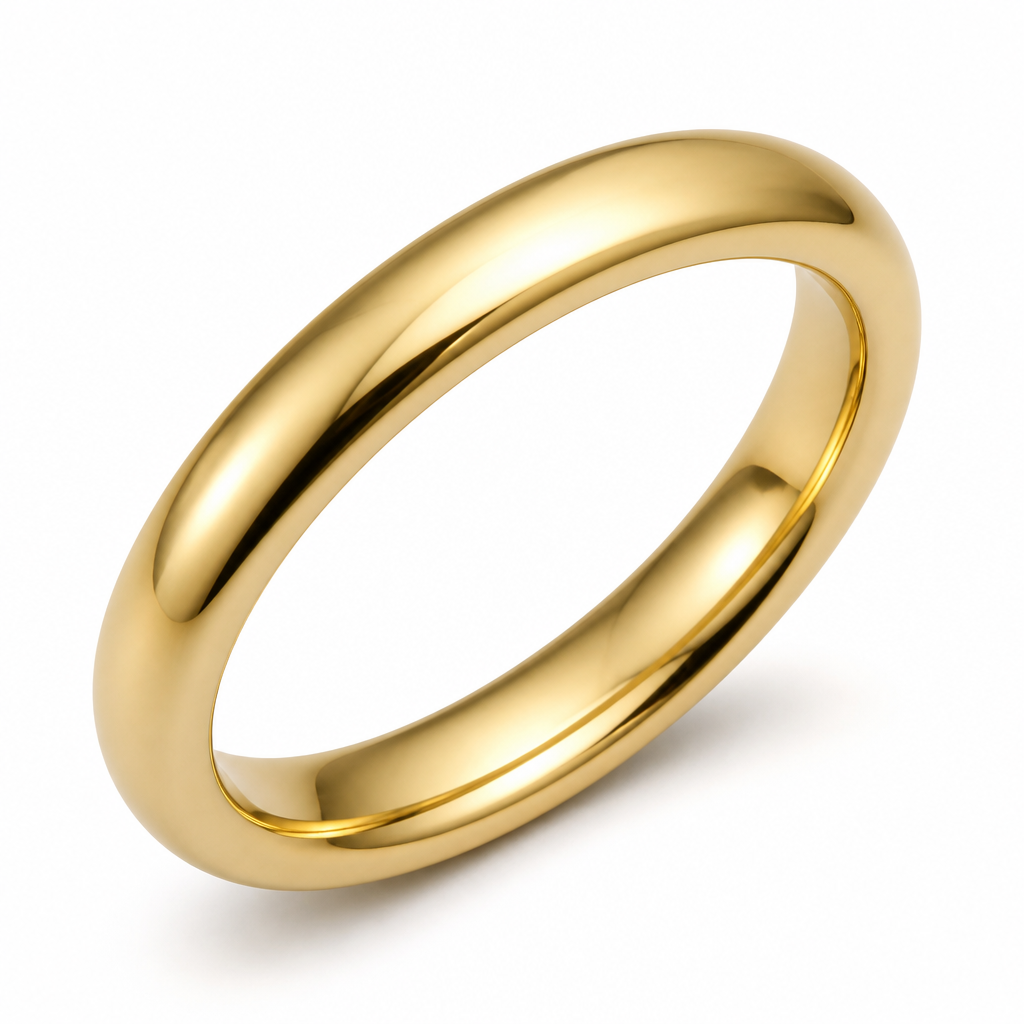A minimalist women's ring made of gold. "A minimalist solid 18k yellow gold wedding band with a premium comfort-fit interior (smoothly rounded and curved inner surface). The upper surface features a slightly domed, gently rounded profile towards the edges, based on a robust tire-shaped concept. Exact proportions: 2.5mm width and 2.5mm thickness. The image should be at a slight 3.5-quarter angle to showcase both the slightly rounded exterior and the comfort-fit inner curvature. High-polish finish, luxury jewelry rendering, realistic macro shot, white studio background."
photorealistic jewelry design, A minimalist women's ring made of gold. "A minimalist solid 18k yellow gold wedding band with a premium comfort-fit interior (smoothly rounded and curved inner surface). The upper surface features a slightly domed, gently rounded profile towards the edges, based on a robust tire-shaped concept. Exact proportions: 2.5mm width and 2.5mm thickness. The image should be at a slight 3.5-quarter angle to showcase both the slightly rounded exterior and the comfort-fit inner curvature. High-polish finish, luxury jewelry rendering, realistic macro shot, white studio background.", minimalist style, just the design no text