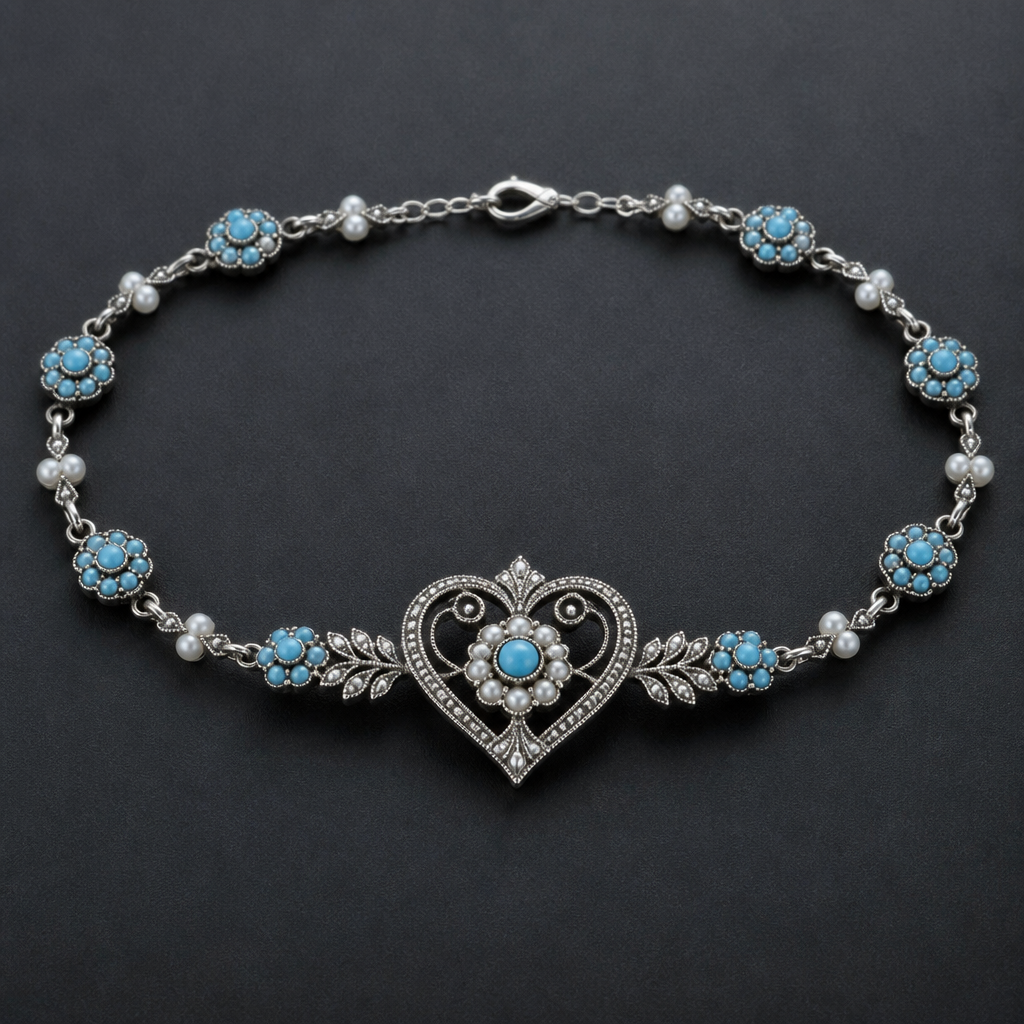 A edwardian women's necklace made of silver with pearl and turquoise stones. uma joia linda nova feita bolinhas de turquesa que seja prateada e que seja um a pulseira com um coração no meio
photorealistic jewelry design, A edwardian women's necklace made of silver with pearl and turquoise stones. uma joia linda nova feita bolinhas de turquesa que seja prateada e que seja um a pulseira com um coração no meio, edwardian style, just the design no text