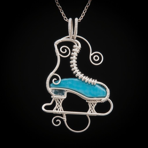 Silver Pendant shape one ice skate with turquoise stripe inside the low thin part blade