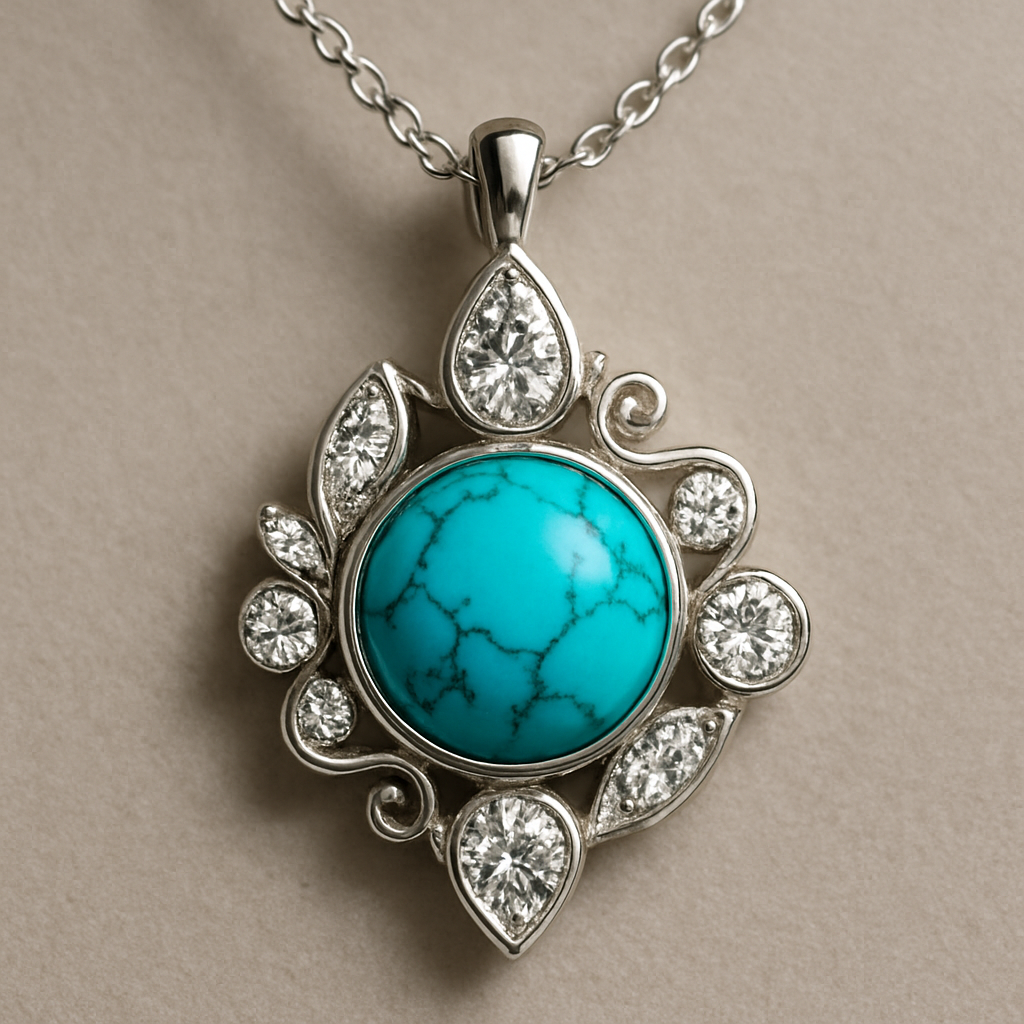 to unique design a pendant featuring the main turquoise incorporating round, marquise, and pear-shaped diamonds as additional elements. more unique