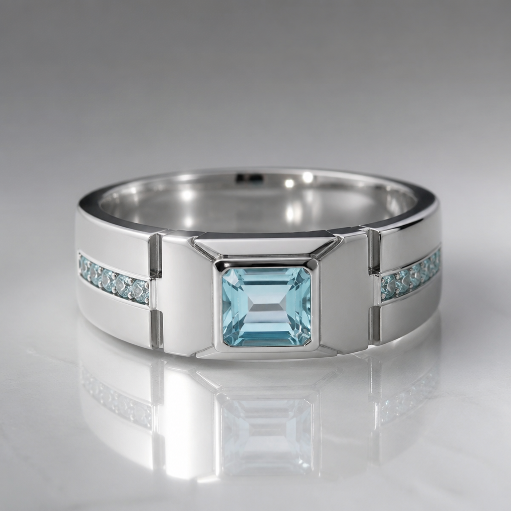 A modern men's ring made of white gold with aquamarine stones suitable for daily wear. quiero un anillo con un diseño moderno alrededor y con una gema aguamarina en el centro
photorealistic jewelry design, A modern men's ring made of white gold with aquamarine stones suitable for daily wear. quiero un anillo con un diseño moderno alrededor y con una gema aguamarina en el centro, modern style, just the design no text