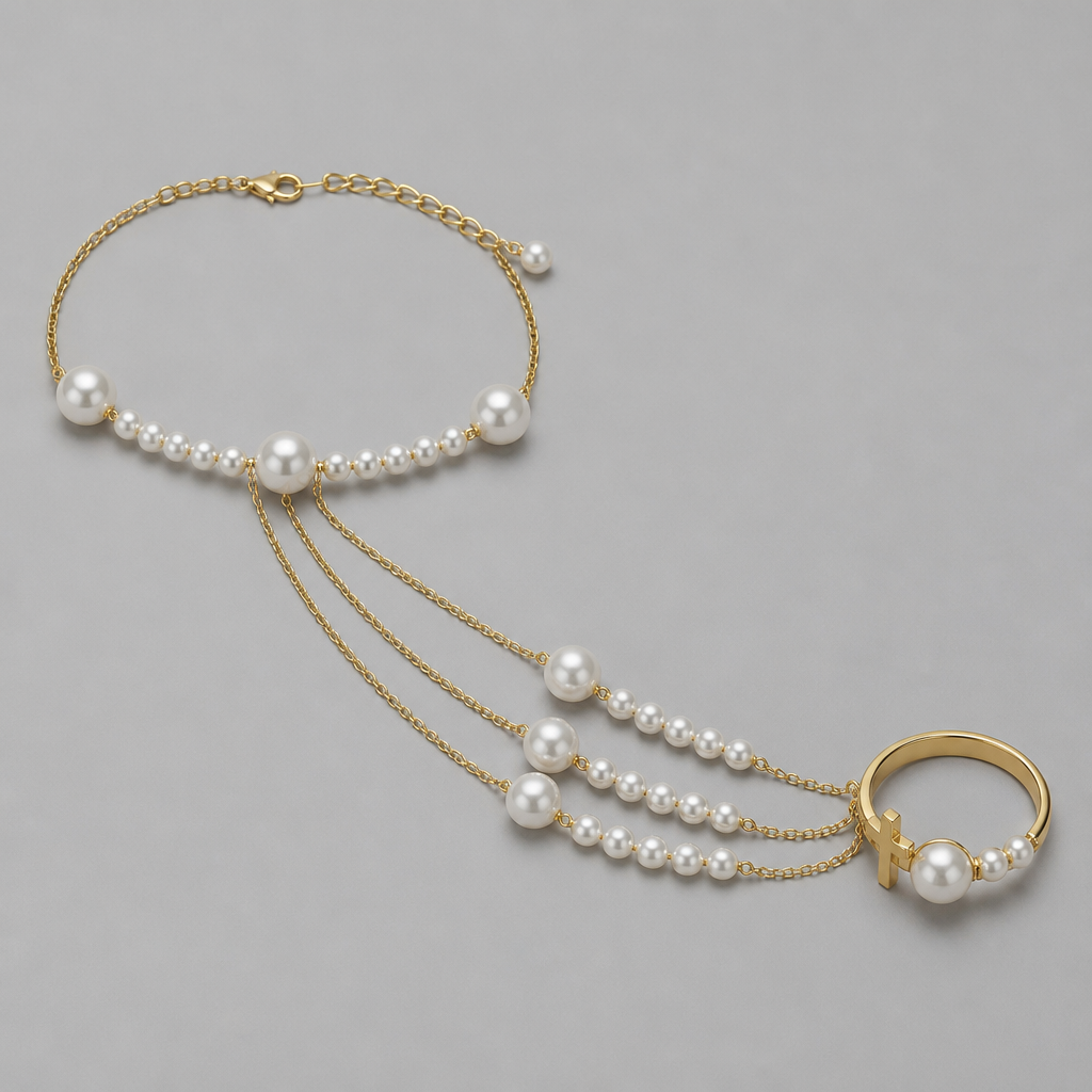 A minimalist women's ring with pearl stones. un bracelet relié par trois chaînes à une bague. sur les chaînes relier par la bague il y aura 10 petites perles et une grande perle qui sera avant les petites. sur le bracelet on aura 1 grande perle suivie de 10 petites et 1 grande perle suivie d'une petite.
sur la bague on a un crucifix 1 grande perle suivie de 3 petite
photorealistic jewelry design, A minimalist women's ring with pearl stones. un bracelet relié par trois chaînes à une bague. sur les chaînes relier par la bague il y aura 10 petites perles et une grande perle qui sera avant les petites. sur le bracelet on aura 1 grande perle suivie de 10 petites et 1 grande perle suivie d'une petite.
sur la bague on a un crucifix 1 grande perle suivie de 3 petite, minimalist style, just the design no text