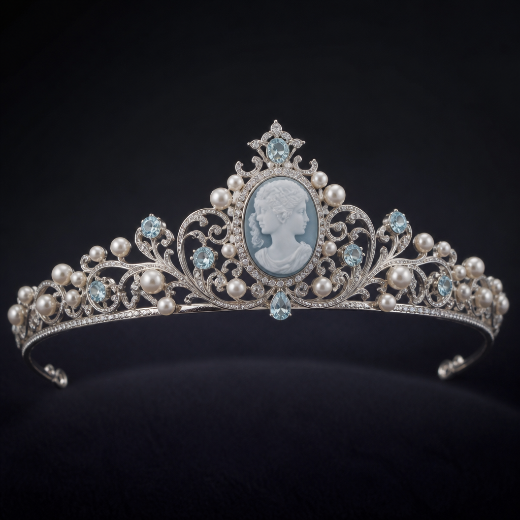 A cameo women's tiara made of white gold with pearl and diamond and aquamarine stones suitable for daily wear, highly ornate, intricate and elaborate, richly detailed. delicado y sencillo
photorealistic jewelry design, A cameo women's tiara made of white gold with pearl and diamond and aquamarine stones suitable for daily wear, highly ornate, intricate and elaborate, richly detailed. delicado y sencillo, cameo style, just the design no text