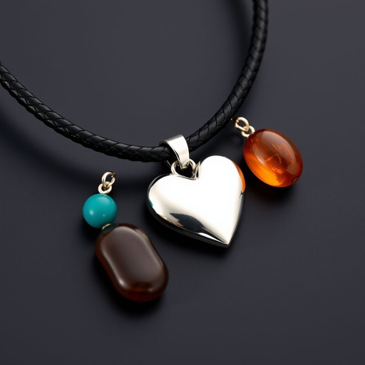 Modern stylish necklace on thick leather cord with silver heart pendant and stone charm 