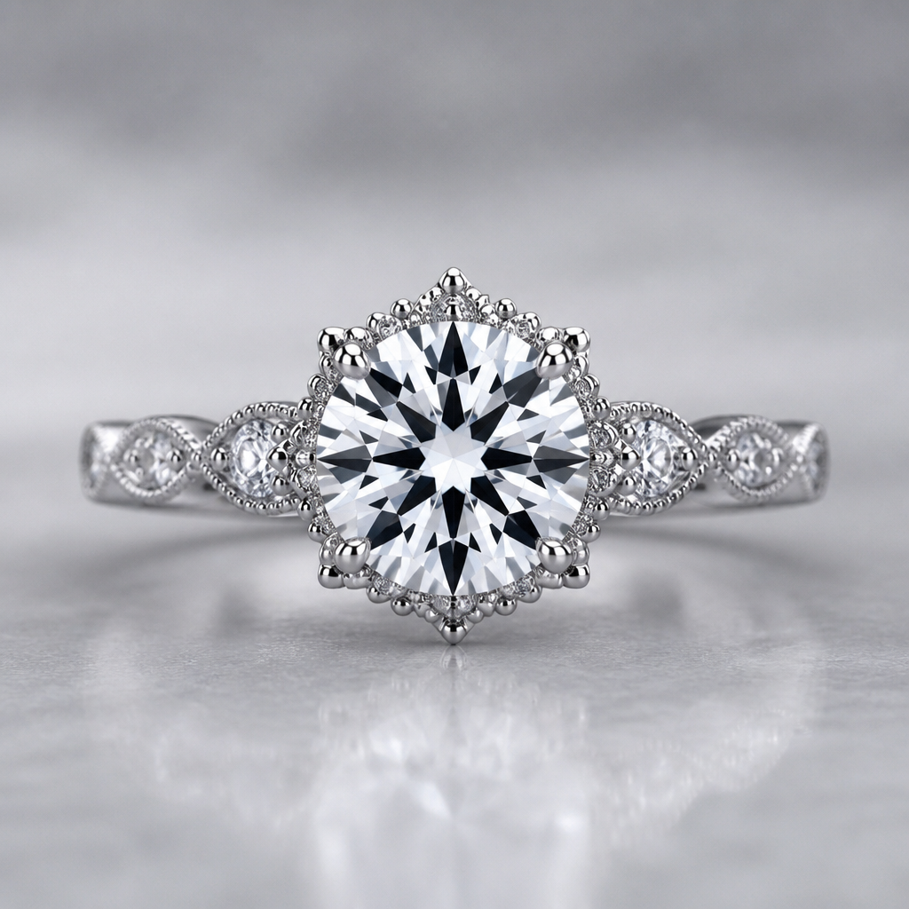 白金色戒指,主石为6.5圆形八星八剑钻石
photorealistic jewelry design, 白金色戒指,主石为6.5圆形八星八剑钻石, bohemian style, just the design no text