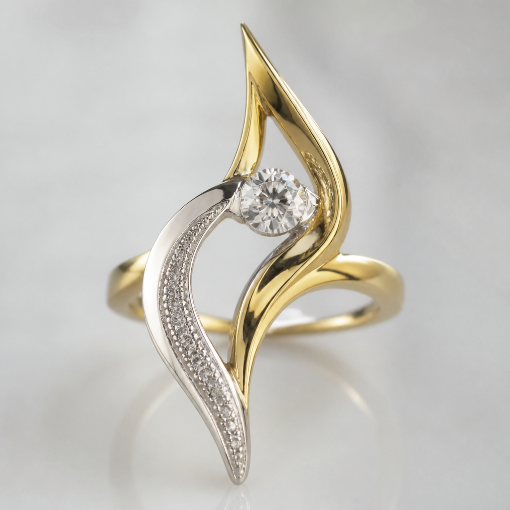 A avant-garde women's ring made of mixed metal with diamond stones suitable for festival. An extraordinary excellent beautiful delicate and elegant solitaire women ring. Face of the ring.
photorealistic jewelry design, A avant-garde women's ring made of mixed metal with diamond stones suitable for festival. An extraordinary excellent beautiful delicate and elegant solitaire women ring. Face of the ring., avant_garde style, just the design no text