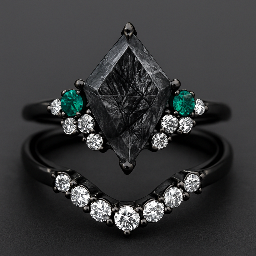 Kite cut Black rutilated quartz with 1 emerald on each side and 3 moissanite on each side accent stones in a cluster on a black band, separate wedding band black with moissanite stones that curves around the main stone 