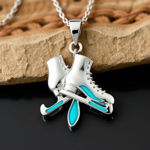 Silver pendant in the shape of ice skating blades with a turquoise stripe within the blade