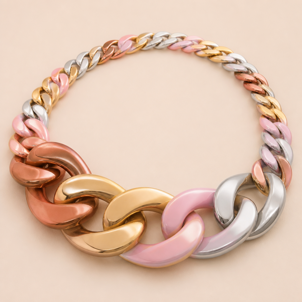 A women's necklace. create a chunky Cuban links style plastic necklace that is graduated and exaggerated in the first three links.colors: alternating copper, gold, pink and silver
photorealistic jewelry design, A women's necklace. create a chunky Cuban links style plastic necklace that is graduated and exaggerated in the first three links.colors: alternating copper, gold, pink and silver, modern style, just the design no text