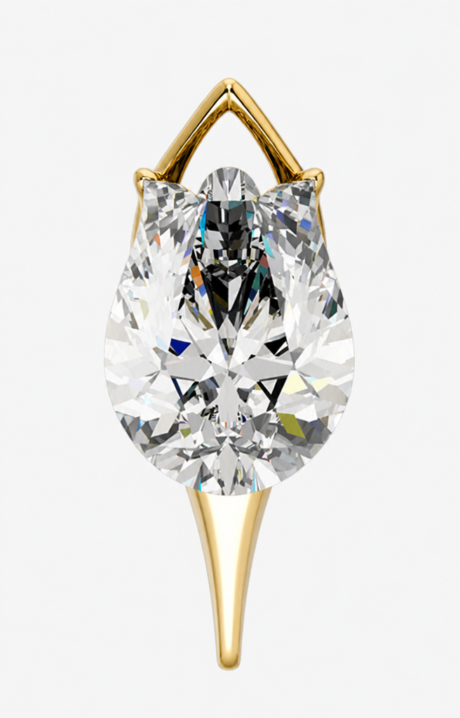 Attached is the exact diamond shape to use — do not substitute a standard pear, marquise, or round brilliant. The top of the stone has three peaks: a small rounded dome at the exact center (the highest point), and two sharper pointed peaks further out at the shoulders, separated from the center by two distinct notches. HARD CONSTRAINT, NON-NEGOTIABLE: nothing may touch, cover, or cross the center dome or the two notches, from any angle. The stone's lower body is fuller and rounded, with NO point anywhere along the bottom edge.
Add a gold pendant setting made of exactly TWO separate, discrete prongs — NOT a continuous frame or band around the stone. A visible gap of bare, unset stone must remain along both the left and right edges between the prongs. The two prongs contact the stone only at its two outer pointed shoulder peaks, low and tight, with no decorative balls or knobs. From those two points, the prongs rise inward and close into a single small, tight point directly above the center dome — the gap between that closing point and the dome no taller than roughly one prong's width. Below the stone, the same two prongs continue as a single tapered stem, roughly one-third the stone's height, ending in a smooth rounded tip. One continuous piece of warm yellow gold. Photorealistic product photography, plain light background, front elevation.
Attached is the exact diamond shape to use — do not substitute a standard pear, marquise, or round brilliant. The top of the stone has three peaks: a small rounded dome at the exact center (the highest point), and two sharper pointed peaks further out at the shoulders, separated from the center by two distinct notches. HARD CONSTRAINT, NON-NEGOTIABLE: nothing may touch, cover, or cross the center dome or the two notches, from any angle. The stone's lower body is fuller and rounded, with NO point anywhere along the bottom edge.
Add a gold pendant setting made of exactly TWO separate, discrete prongs — NOT a continuous frame or band around the stone. A visible gap of bare, unset stone must remain along both the left and right edges between the prongs. The two prongs contact the stone only at its two outer pointed shoulder peaks, low and tight, with no decorative balls or knobs. From those two points, the prongs rise inward and close into a single small, tight point directly above the center dome — the gap between that closing point and the dome no taller than roughly one prong's width. Below the stone, the same two prongs continue as a single tapered stem, roughly one-third the stone's height, ending in a smooth rounded tip. One continuous piece of warm yellow gold. Photorealistic product photography, plain light background, front elevation.